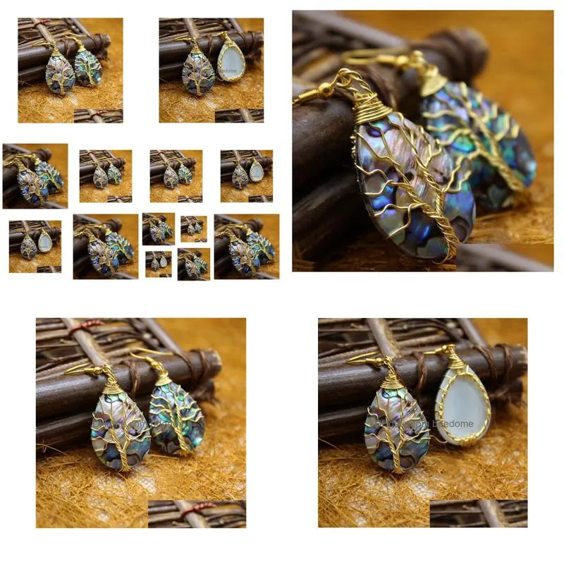 tree of life earring dangle golden wire wrapped teardrop abalone paua shell organic cabochon 5 pairs