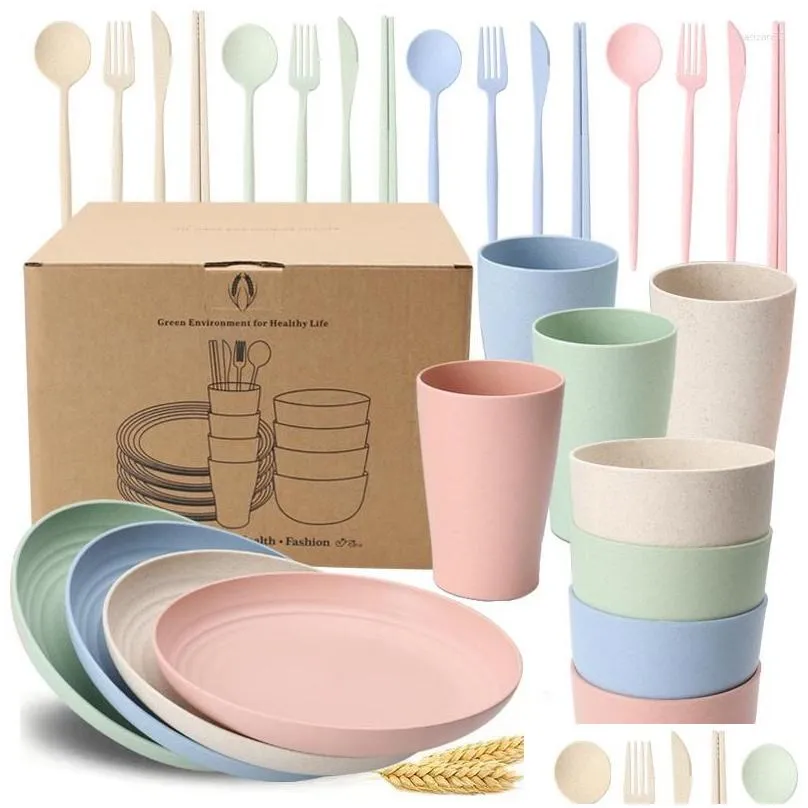 dinnerware sets 28pcs set tableware wheat straw nature material household tray anti-drop bowls cups plate forks spoons chopsticks kit