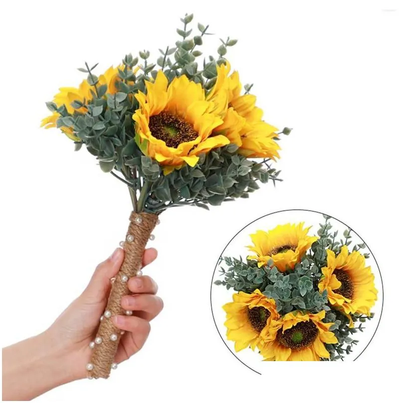 decorative flowers 30cm bouquet artificial sunflower wedding decoration eucalyptus bridal home accessories