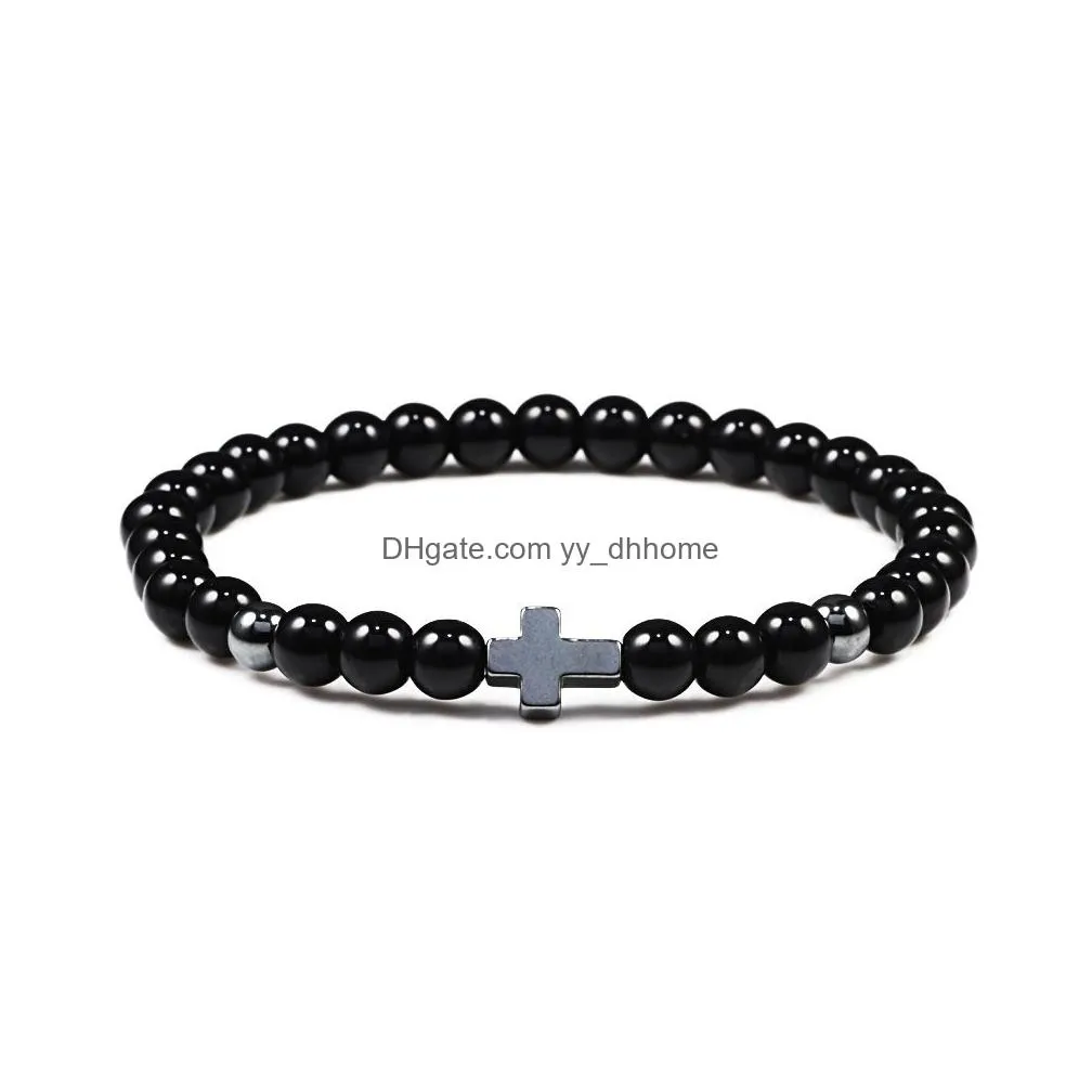 prayer men women bracelet hematite cross 6mm natural stone bead strand bracelets bangle jesus yoga homme jewelry gift