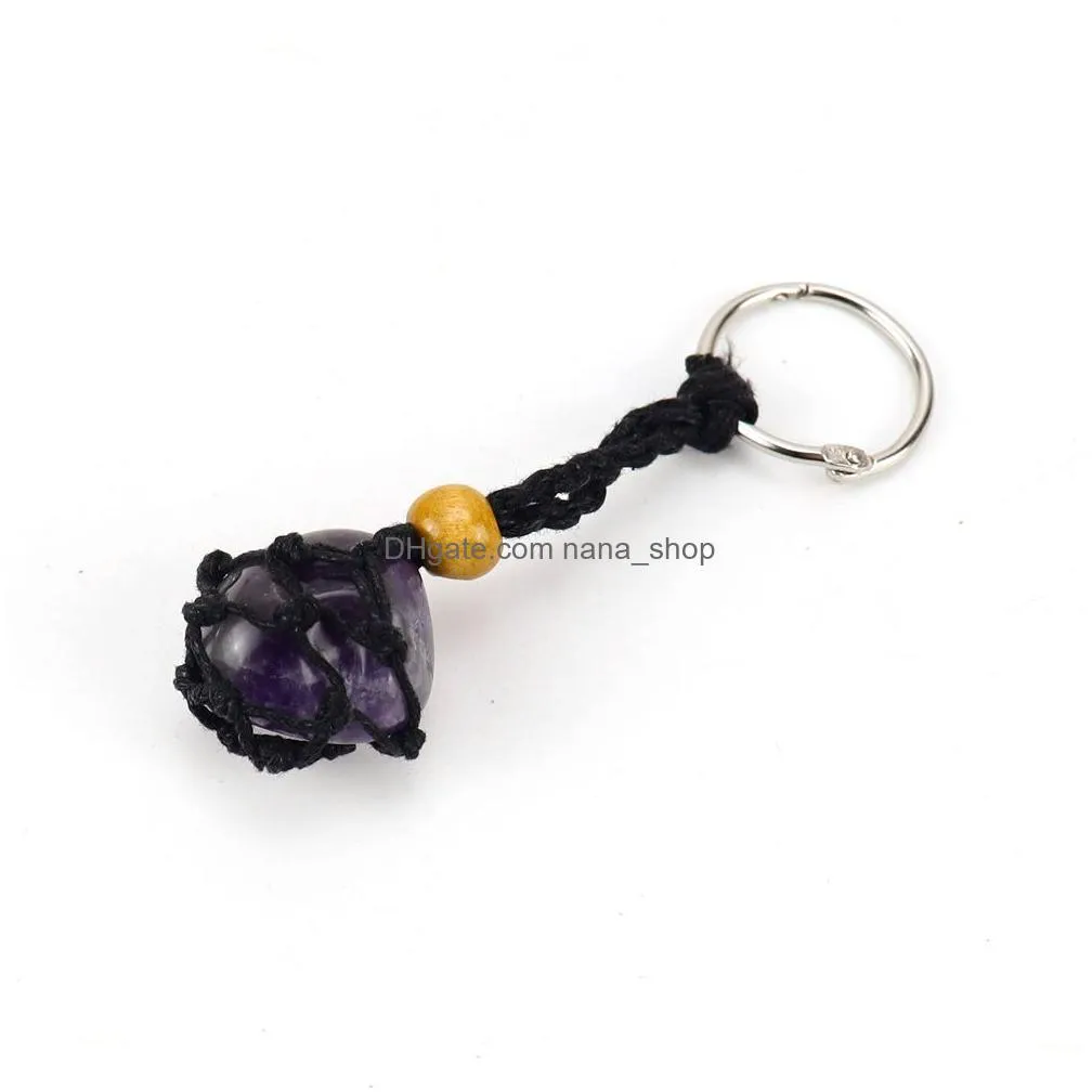 adjustable cord empty stone holder black wax rope keychain keyring natural quartz crystal healing stone net bag key ring