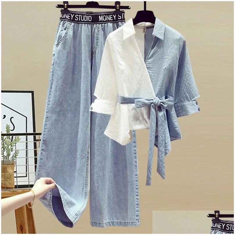 womens pants summer solid color plus size korean color block shirt jeans fashion high waist loose casual womens jean 2-piece set