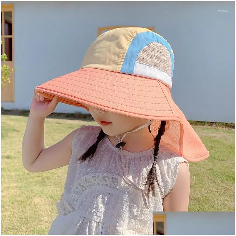 hair accessories summer baby sun hat with neck flap strap wide brim beach hats kids bucket uv protection panama cap for boys girls