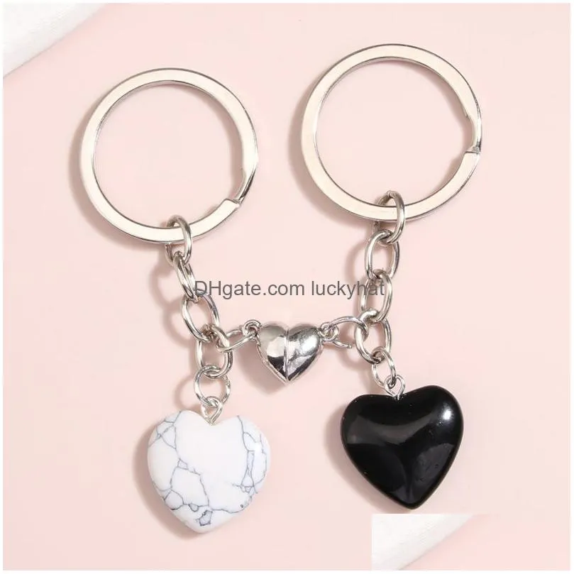 new design keychain natural crystal quartz stone heart key ring magnetic button key chains for couple friend gifts diy jewelry