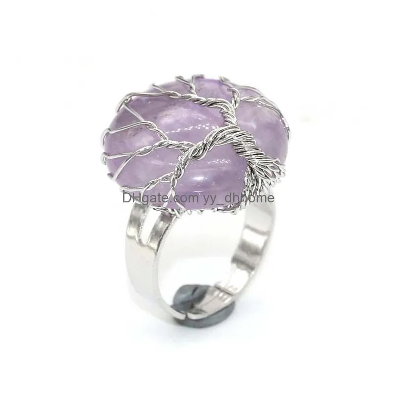 wire wrap natural stone tree of life rings lapis lazuli amethysts tiger eye opal pink crystal ring for women jewelry