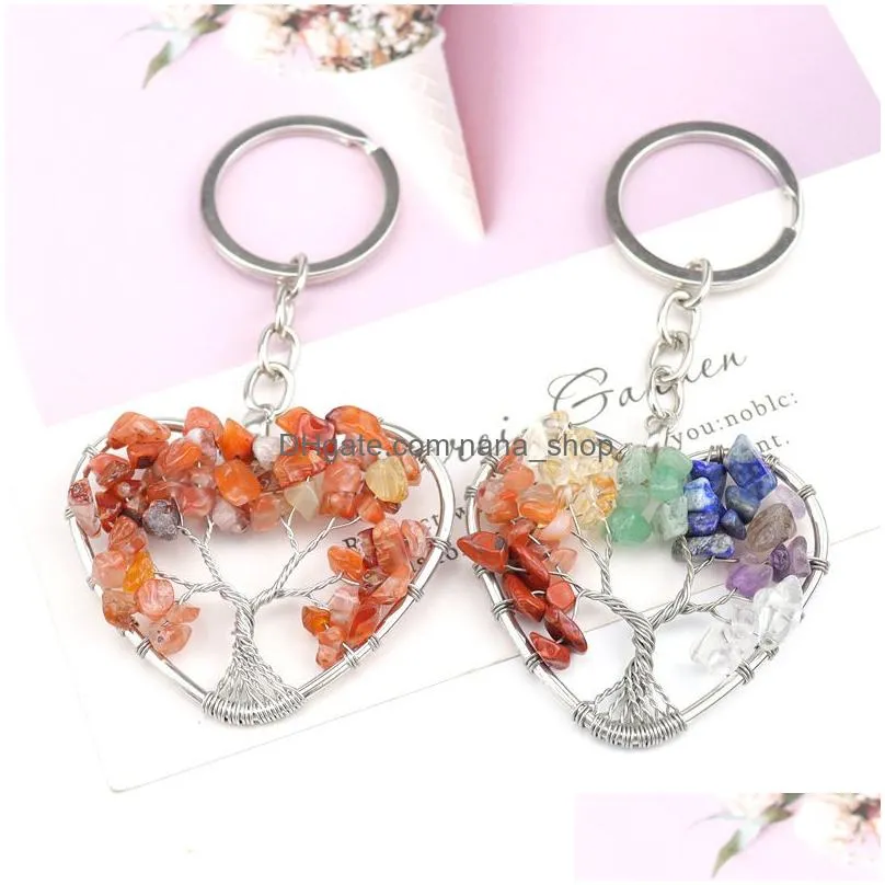 natural quartzs heart tree of life key rings handbag charm car hanging decoration ornaments 7 chakra pendant keychain keyring