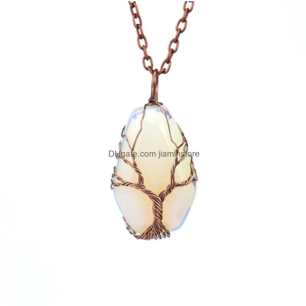 wire wrapped coffin fortune tree of life pendant necklace natural stone pink quartz healing crystal tiger eye amethyst necklaces women