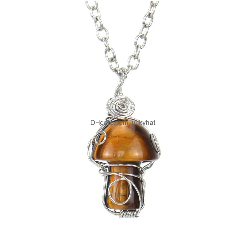 natural stone handmade wire wrapped healing mushroom crystal necklace for women men necklace