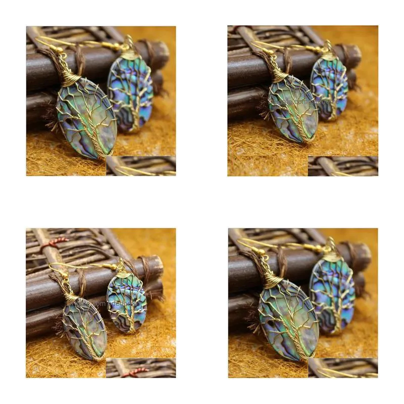 golend wire wrapped tree of life dangle earrings with oval abalone paua shell 5 pairs