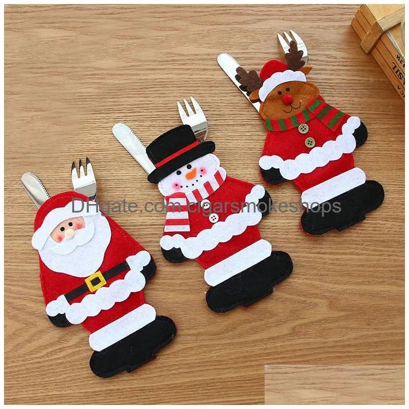 christmas decorations silverware cutlery holders santa snowman reindeer fork knife pockets party dinner table decor xbjk2111