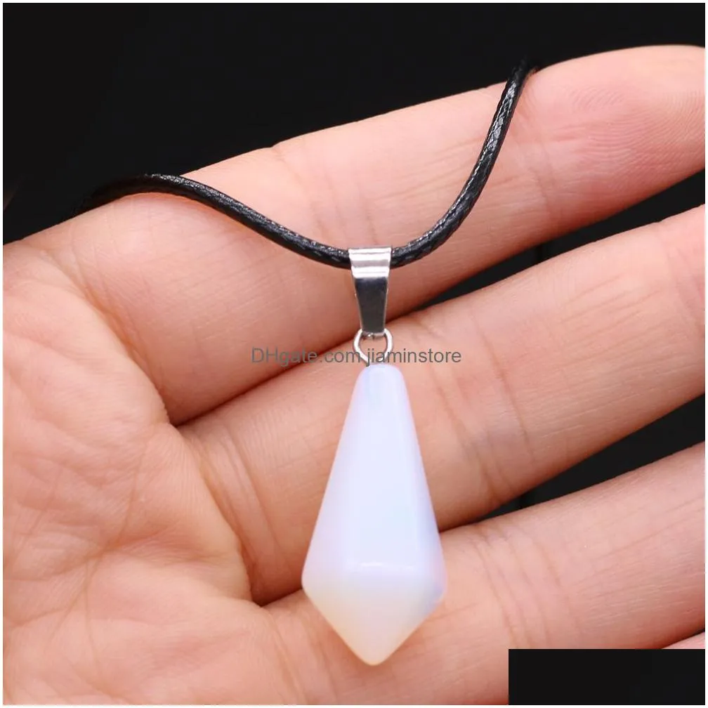 natural stone tiger eye stone turquoise opal pendant necklaces for women reiki heal crystal pendulum charms leather rope necklace
