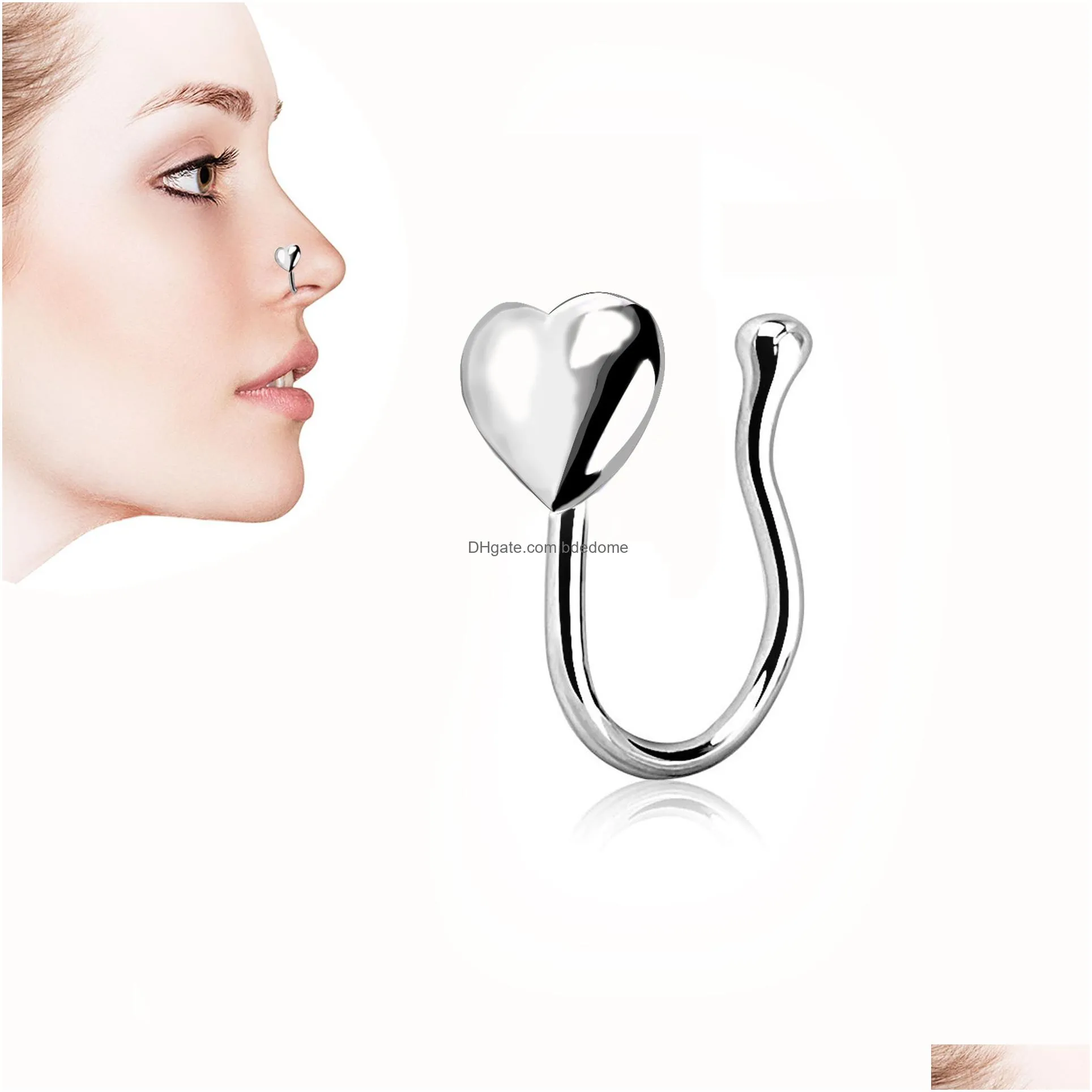 nose clips rings studs hoops for women non-piercing body jewlery love heart u shape stainless steel silver rose gold color wholesale 2023