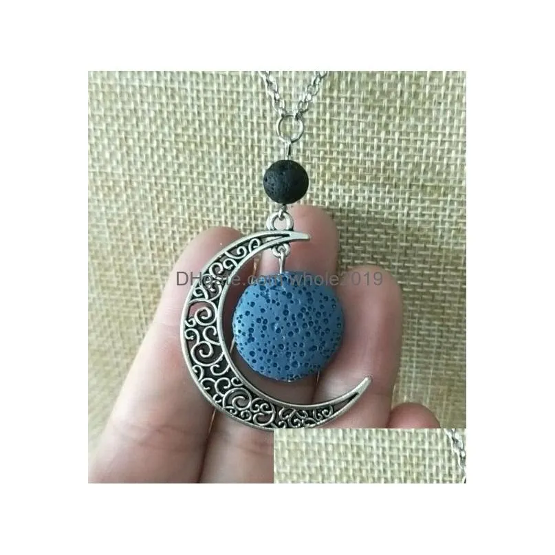 fashion silver color round lava stone moon necklace volcanic rock aromatherapy essential oil diffuser necklace for women jewelry