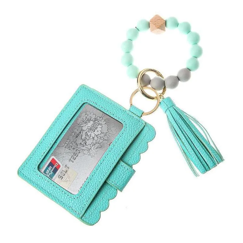 leather bracelet wallet keychain tassels bangle key ring holder card bag silicone beaded wristlet keychains wht0228