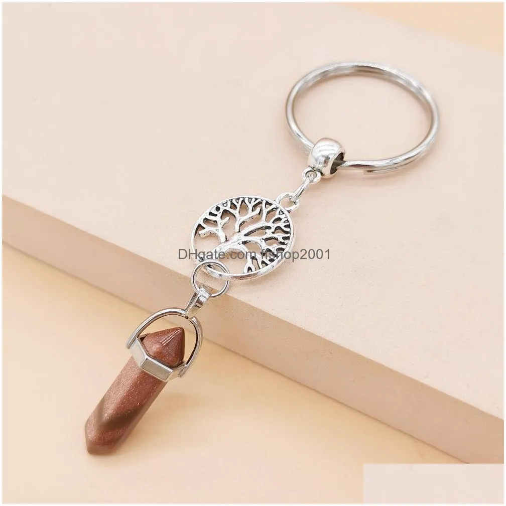 natural stone tree of life keychain key ring crystal quartz women men car key chain holder keyring jewelry