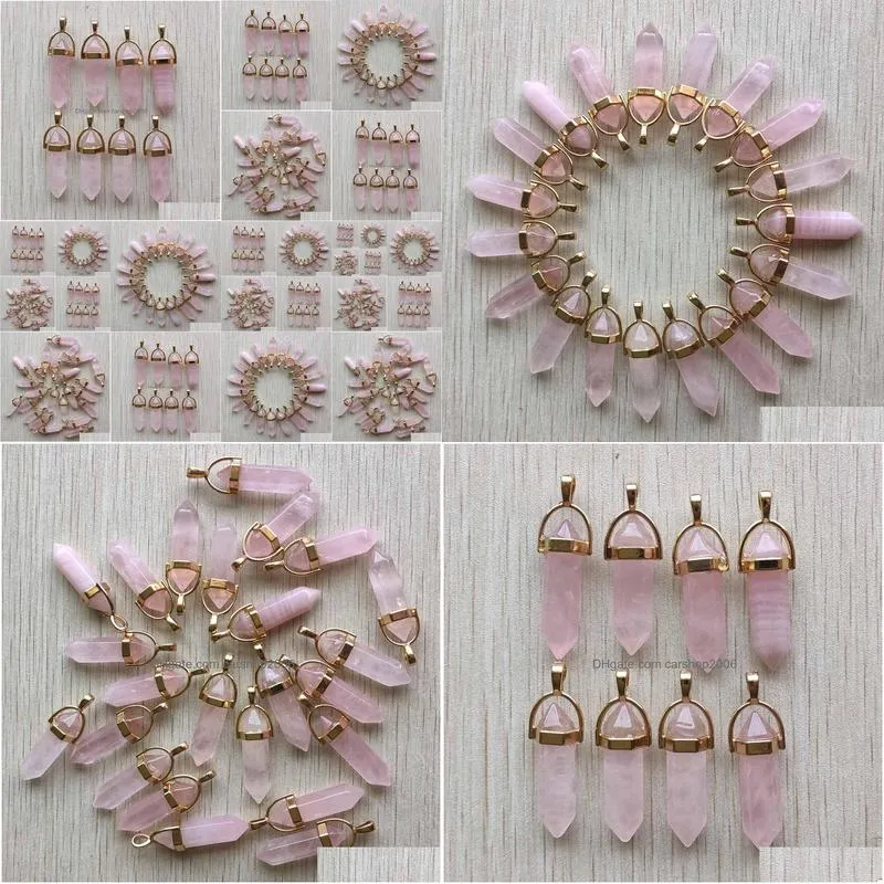 assorted natural stone pink quartz golden pendants point charms hexagonal pillar pendant for diy jewelry making gemstones