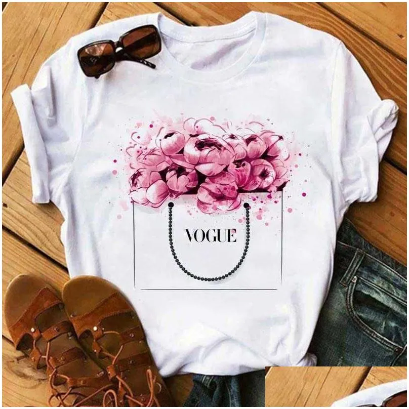 women clothes print flower perfume bottle sweet short sleeve tshirt printed women shirt t female t-shirt top casual woman tee x0527