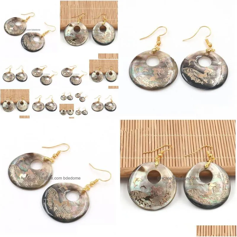 round printed mermaid charm hook earrings natural black shell with gold foil womens jewelry 5 pairs