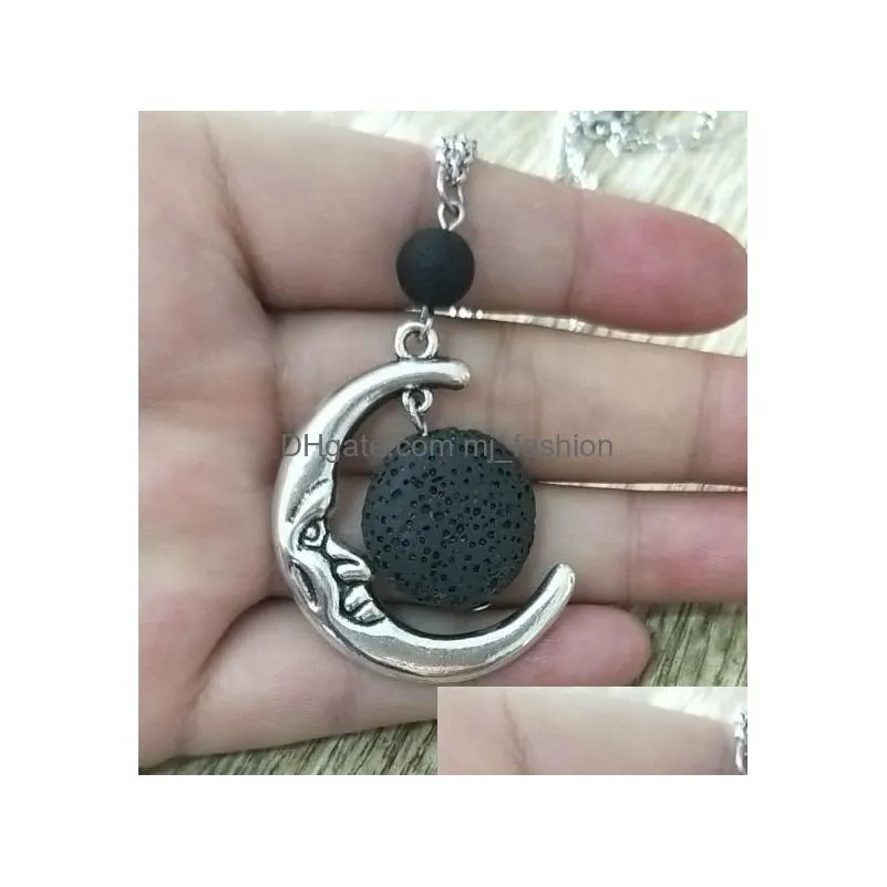 fashion circle lava stone moon necklace volcanic rock aromatherapy  oil diffuser necklace for women jewelry
