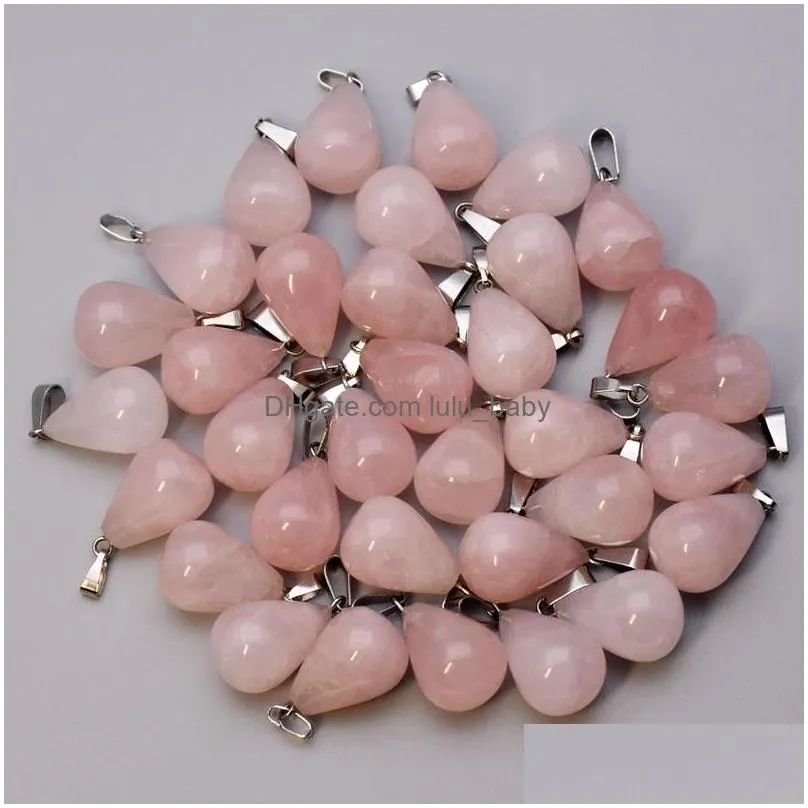 natural stone water drop hexagonal prism pink pink quartz healing pendants charms diy necklae jewelry accessories making