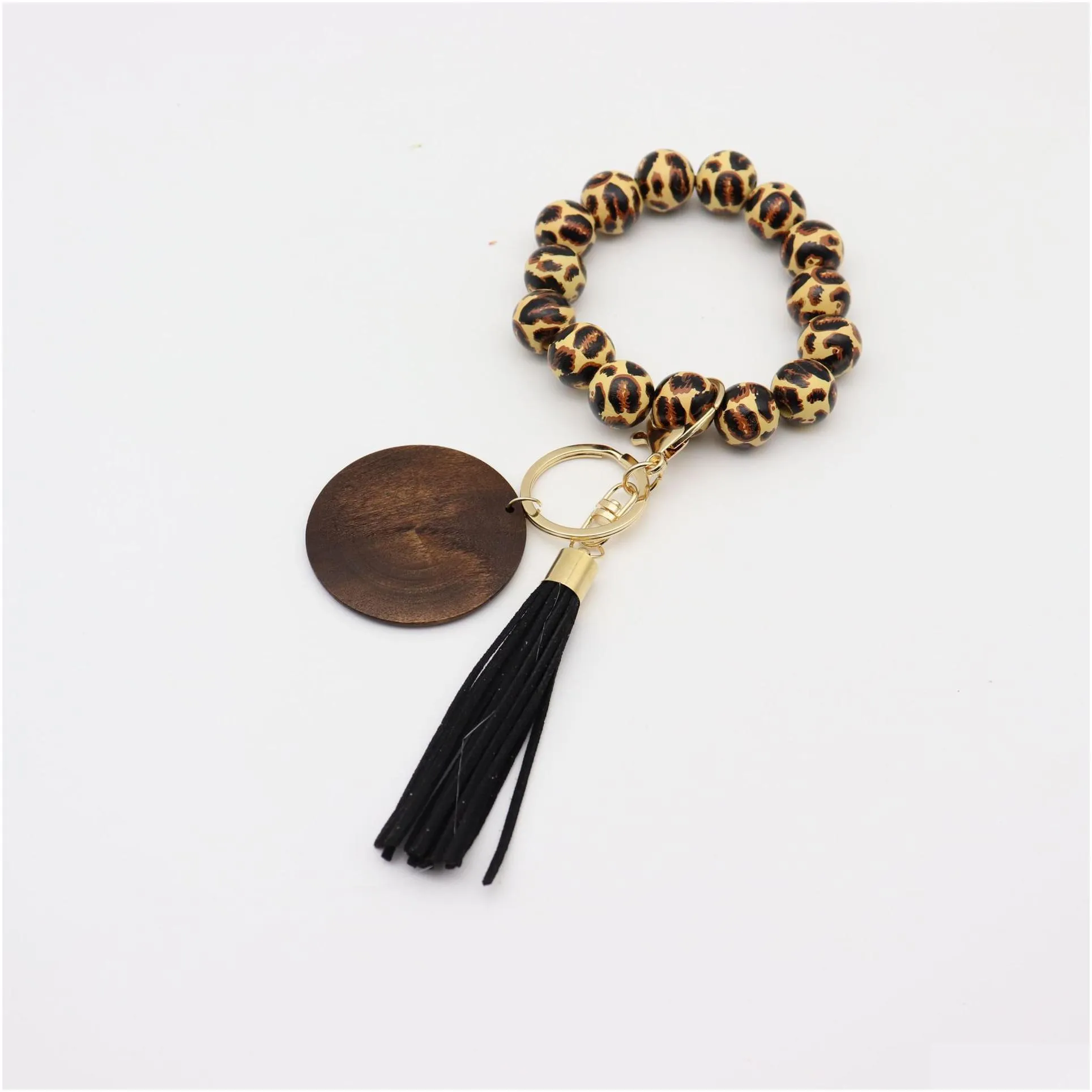 5 styles leopard wooden bracelet keychain with tassels diy woodwooden fiber pandent wood bead bangle key decorate fashion