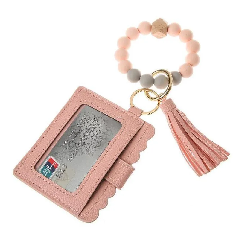 leather bracelet wallet keychain tassels bangle key ring holder card bag silicone beaded wristlet keychains wht0228