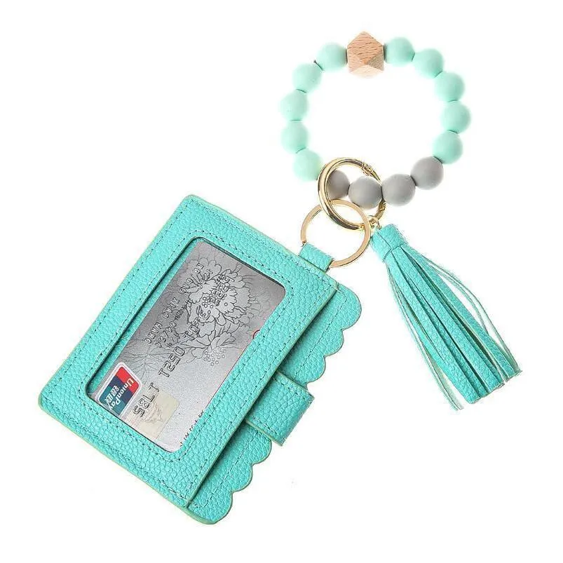 ups pu leather bracelet wallet keychain party favor tassels bangle key ring holder card bag silicone beaded wristlet keychains handbag