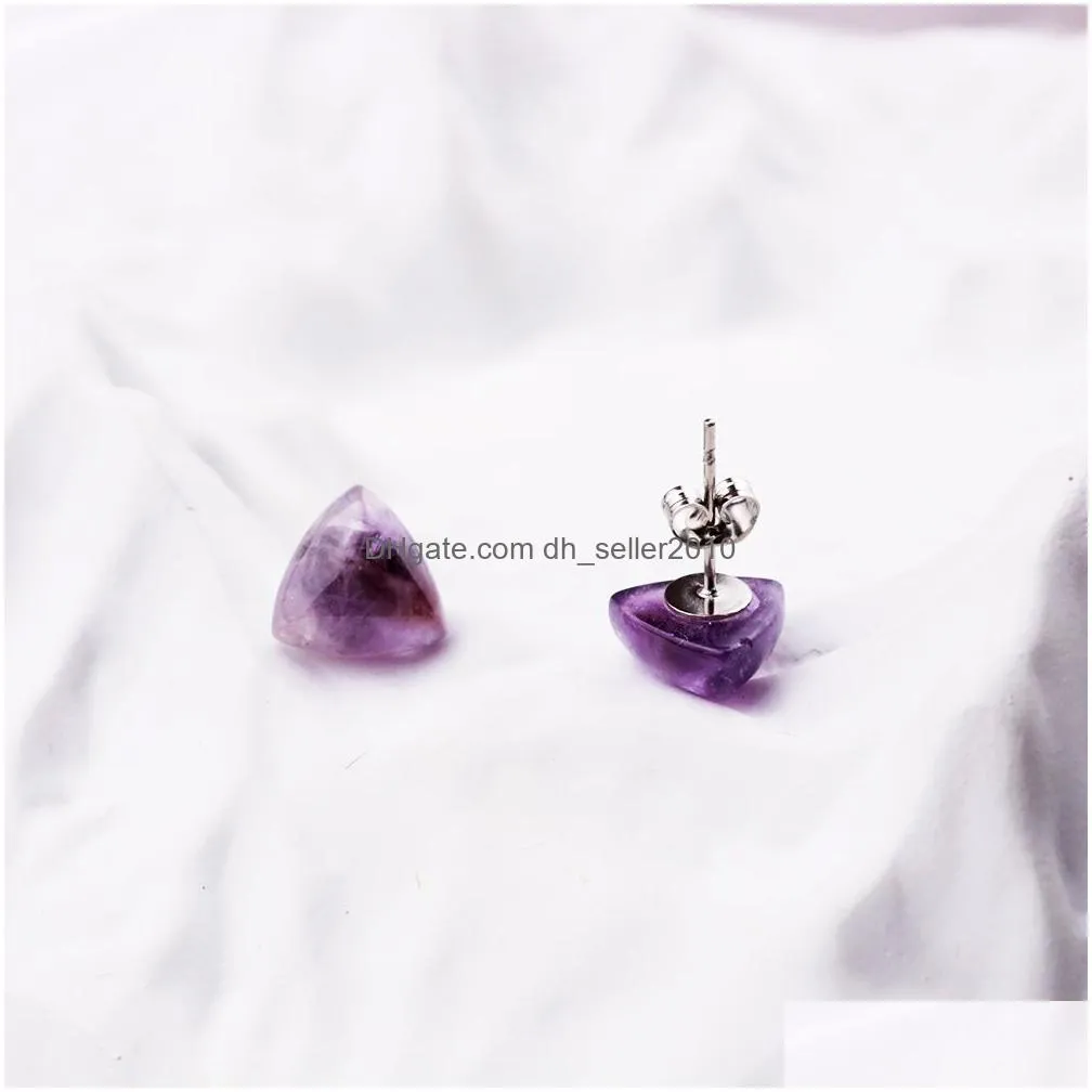 natural stone triangle stud earrings crystal quartz tiger eye amethyst agate stainless steel earring jewlry for women