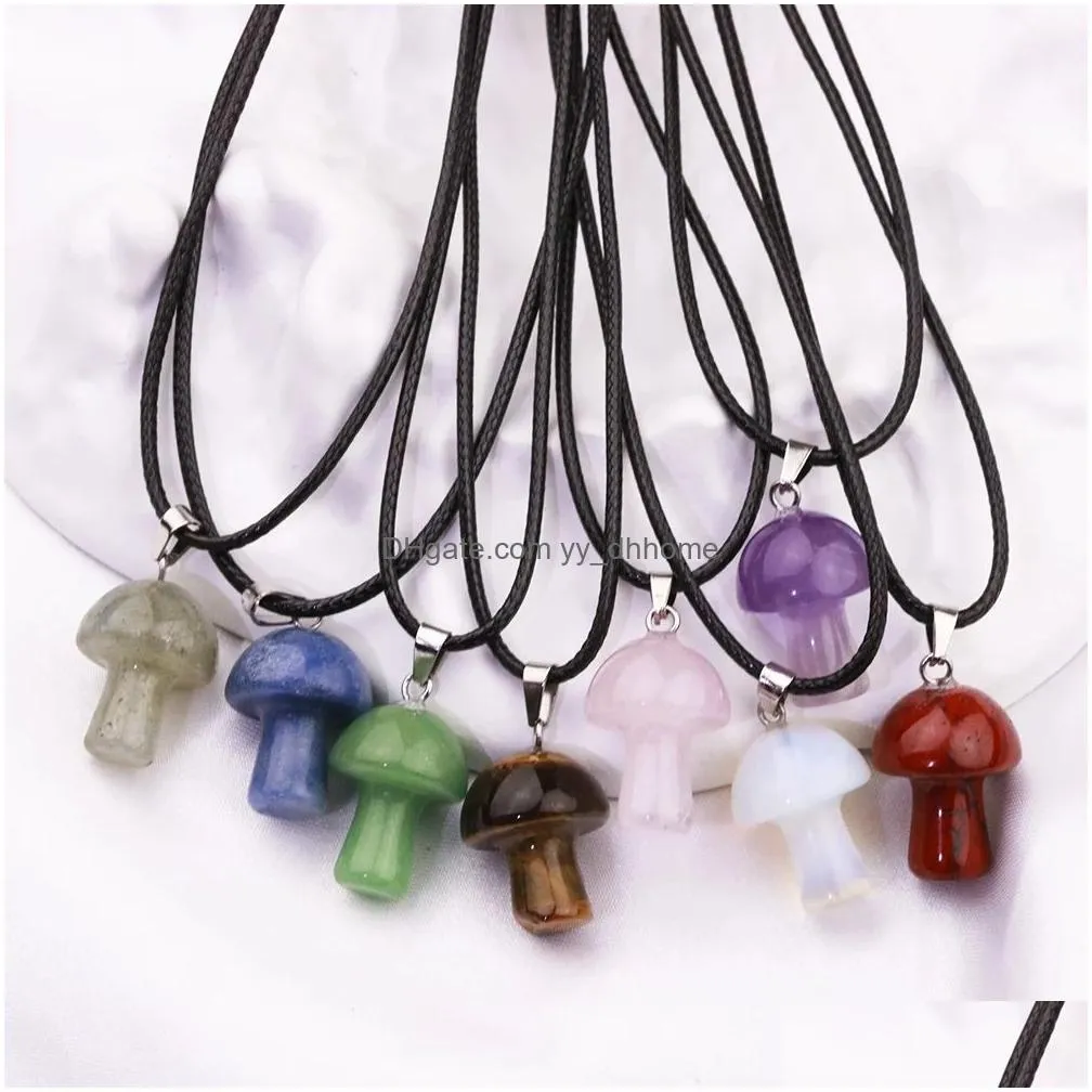 natural gem stone pendant necklaces amethyst tiger eye hand carved 2cm mushroom pendant necklace for women jewelry
