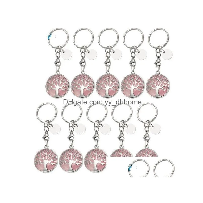 natural pink quartz gem stone tree of life keychain key ring healing amethyst crystal key chain jewelry