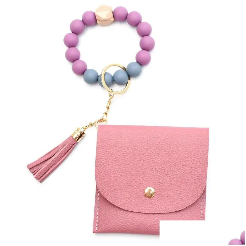 ups new bead bracelet party favor solid color card bag key chain wallet leather tassel multi card slot change bag leather card cover dhs delivery