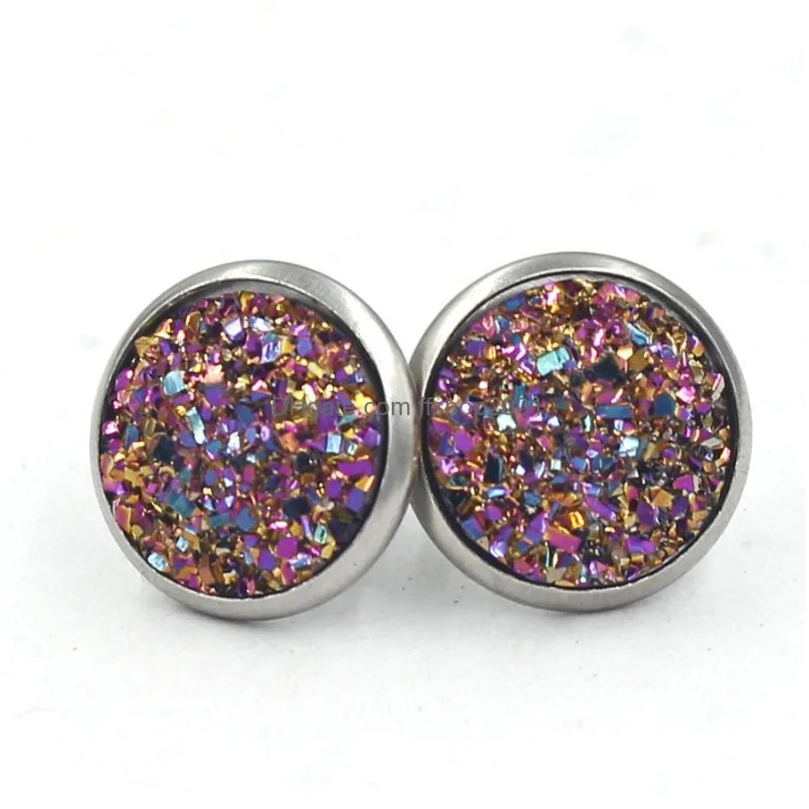 fashion 12colors round 12mm resin druzy drusy earrings stainless steel earrings handmade stud for women jewelry