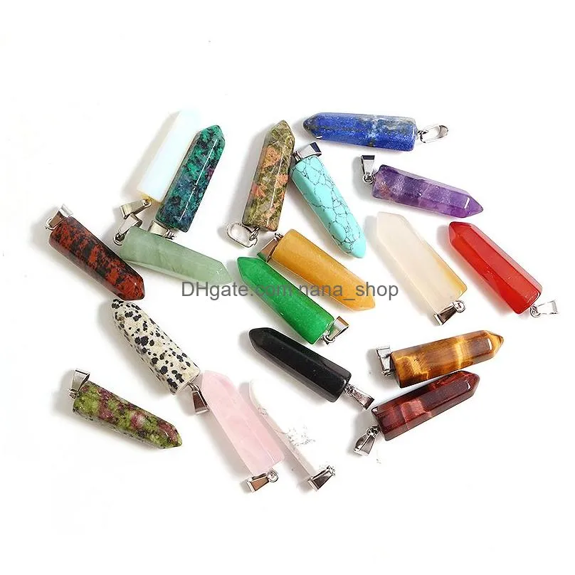 natural stone pillar pendant necklace pink crystal hexagonal opal amthyst charms pu chain necklaces for women jewelry