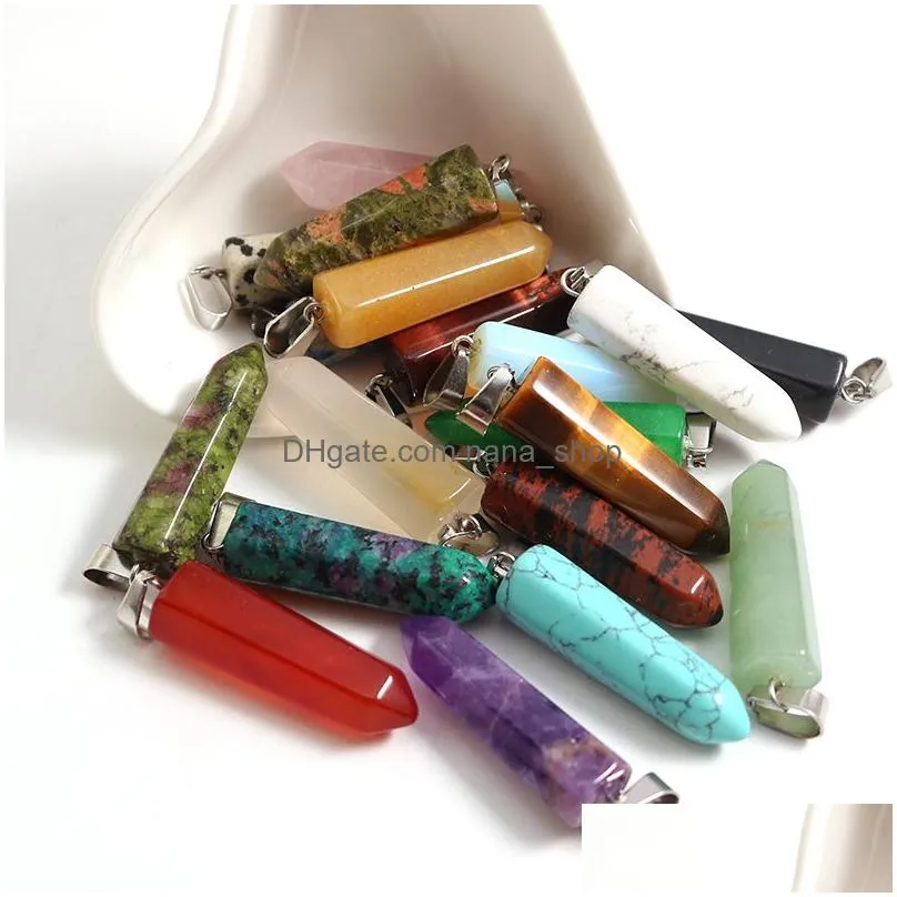 natural stone pillar pendant necklace pink crystal hexagonal opal amthyst charms pu chain necklaces for women jewelry