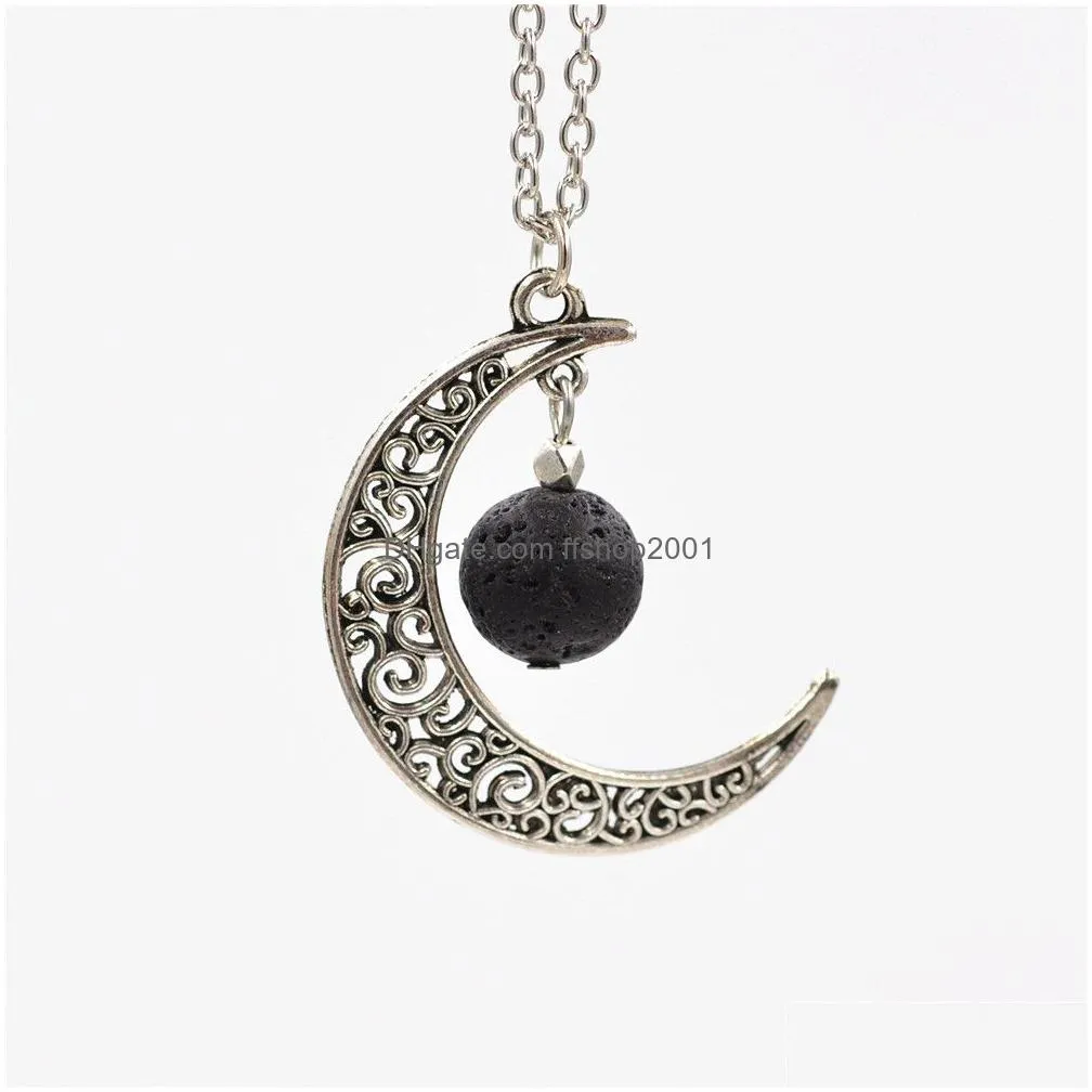 fashion 14mm lava stone moon necklace volcanic rock aromatherapy essential oil diffuser necklace for women jewelry