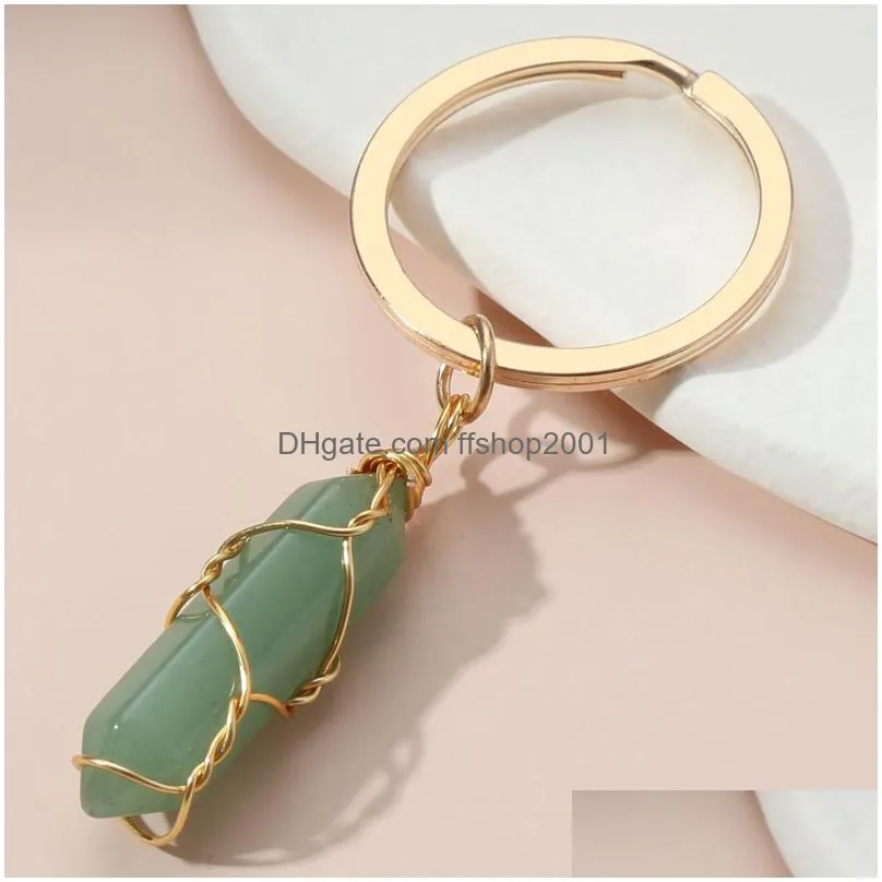 natural stone gold wire wrap hexagonal prism key rings keychains healing pink white crystal car decor keyholder for women men