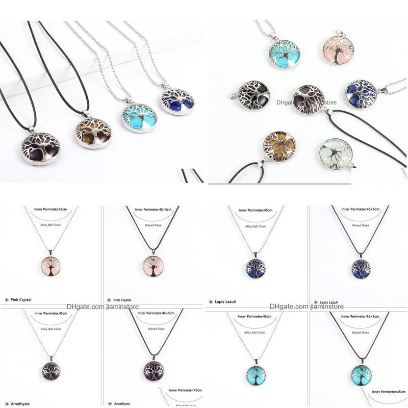 natural stone pendant necklace rose quartz crystal turquoises tiger eye tree of life pendulum necklaces for women reiki jewelry