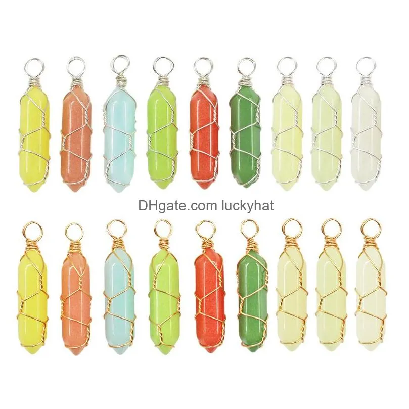 luminous stone charms wire wrap hexagonal prism glass crystal glow light in the dark pendant for jewelry making necklace accessories