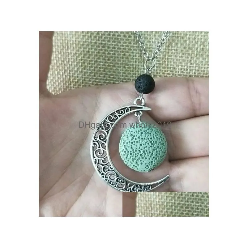 fashion silver color round lava stone moon necklace volcanic rock aromatherapy essential oil diffuser necklace for women jewelry
