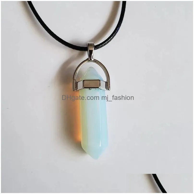 mixed natural stone crystal pillar charms chakra pendulum pendant necklace for woman leather chains jewelr