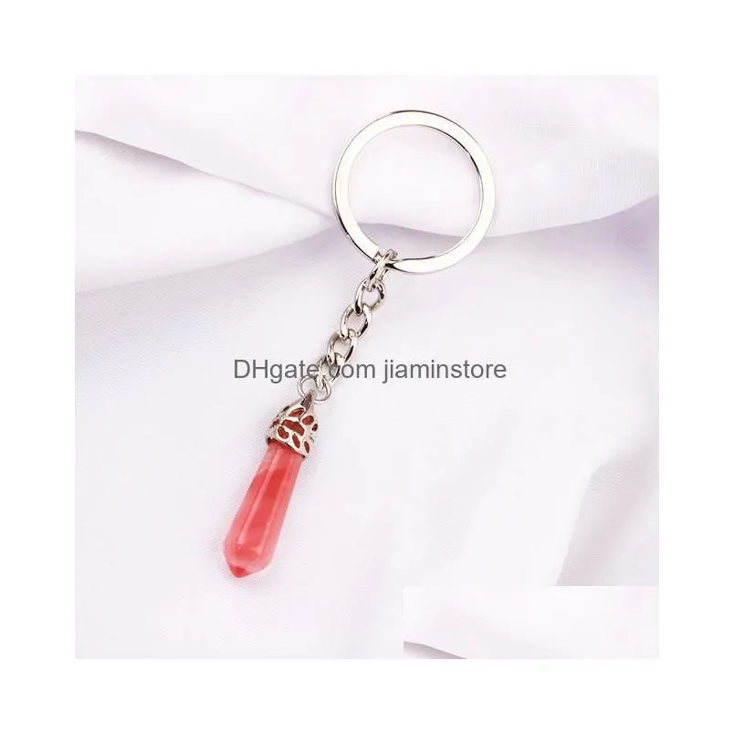natural stone hexagon prism crystal quartzs key rings keychain women men handbag hangle car key holder keyring jewelry