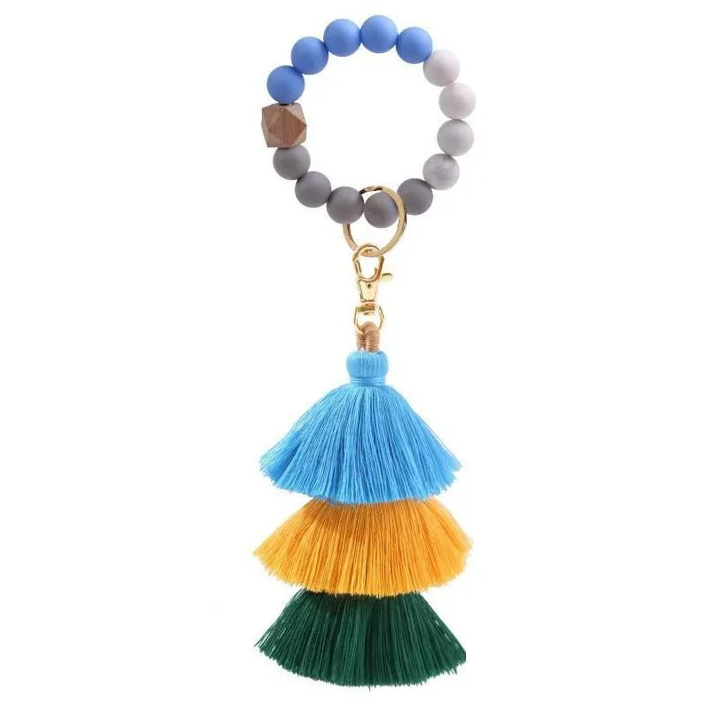 ups favor silicone beads bracelet keychain three layer cotton tassel wrist keyring bead bangle key ring women bag pendant decoration