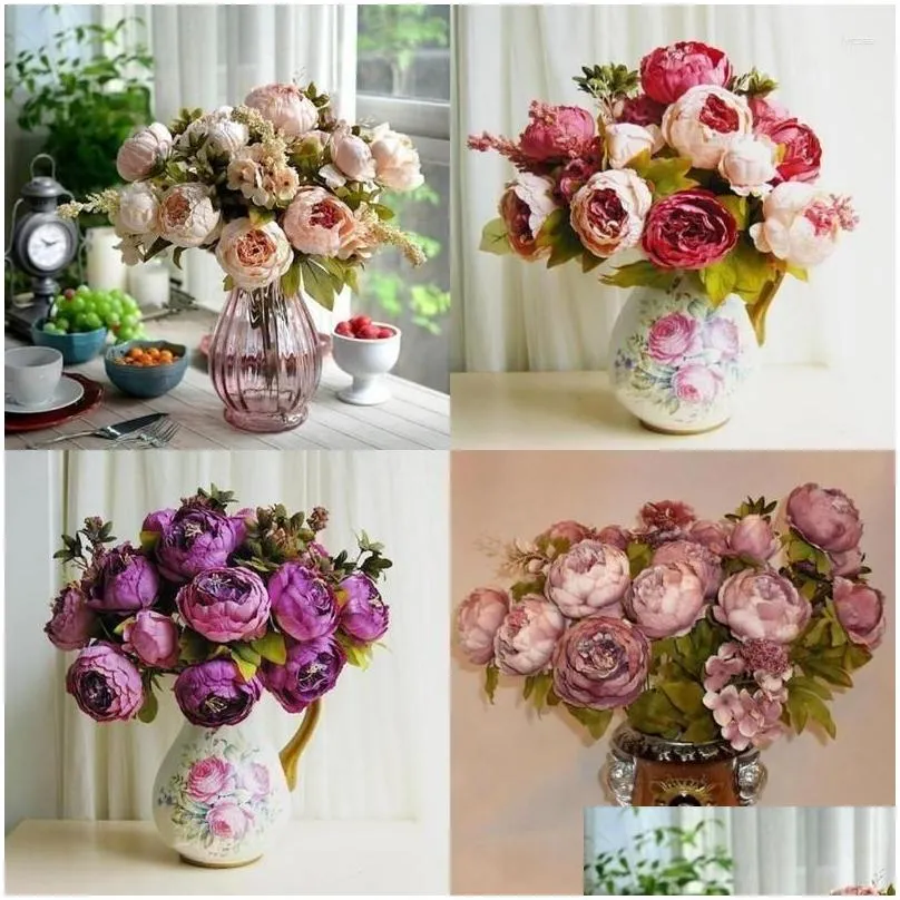 decorative flowers 47cm beautiful silk peony artificial bouquet 6 big head 2 bud and 5 plastic grass stem flore for home wedding decor