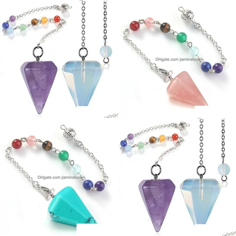 small size natural stone pendulum for dowsing amethysts lapis opal crystal cone healing chakra chain hexagonal pendants necklace