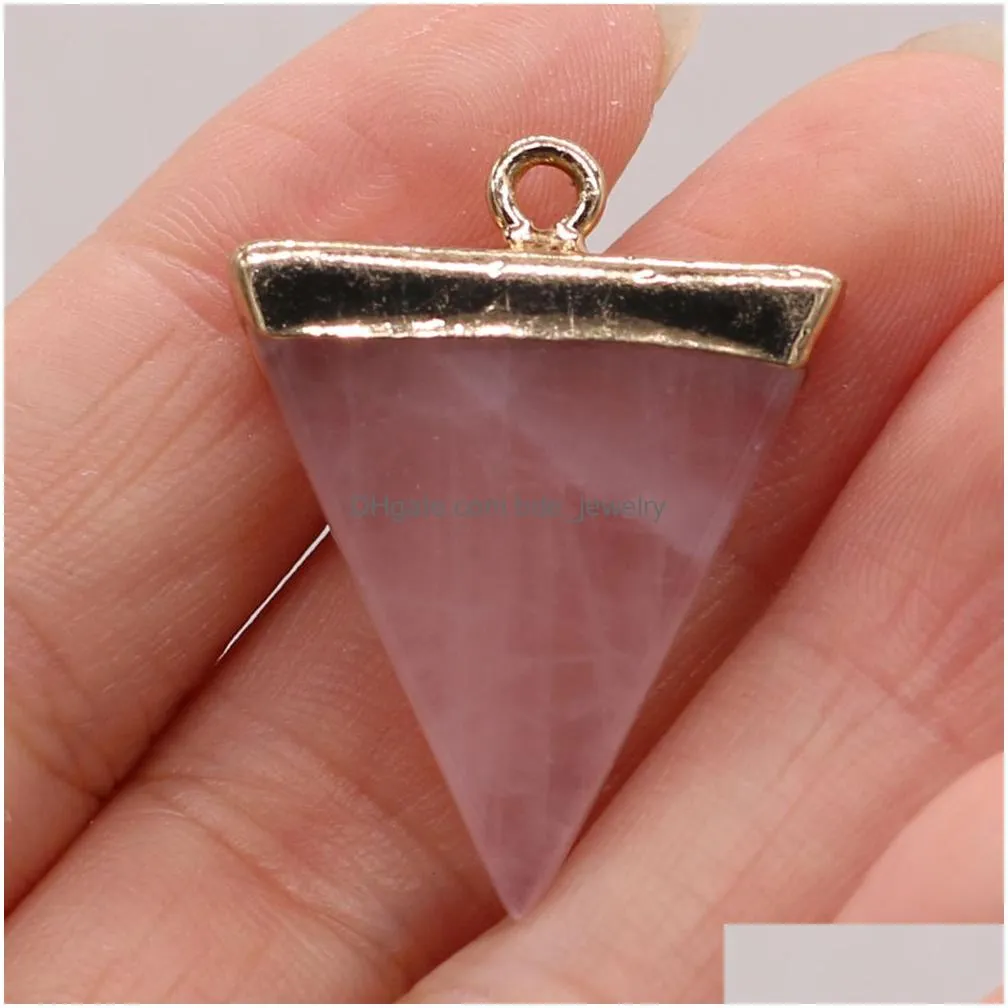 25x32mm natural stone rose quartz tigers eye opal triangle pendant charms diy earrings necklace jewelry making
