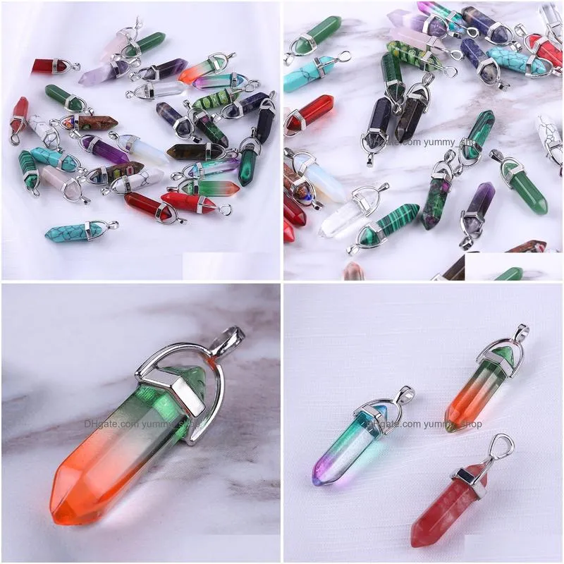 hexagon prism style natural stone pendant agate quartz bullet shape point crystal healing jewelry diy necklace earrings