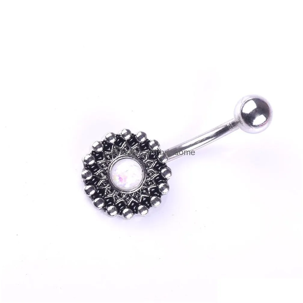 y vintage round flower wasit belly dance crystal body jewelry stainless steel navel bell button piercing dangle rings for women