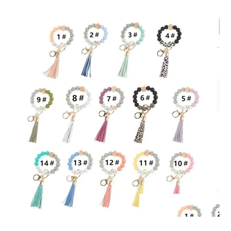 ups wooden tassel bead string party bracelets keychain silicone beads girl key ring wrist strap for car chain wristlet beaded portable