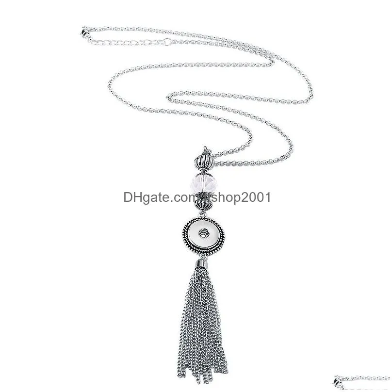 vintage crystal metal tassel necklace diy button jewelry 18mm snap button pendants necklace snap jewelry for women