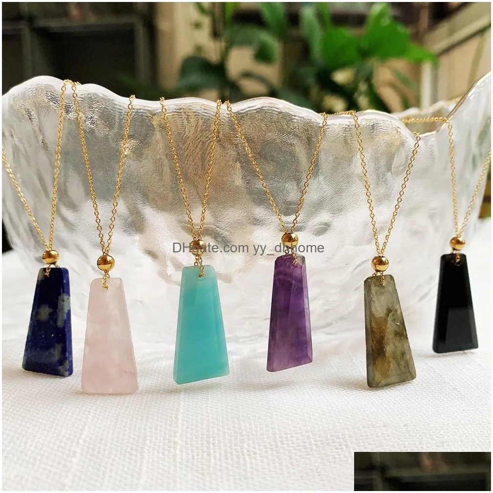 natural crystal stone pendant necklace gometric charm labradorite amethyst pink quartz crystal necklaces for women jewerly